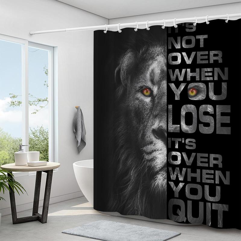 Lion & Letter Pattern Shower Curtain, Waterproof Shower Curtain with 12pcs Hooks, Decorative Bathroom Supplies for Home & Hotel