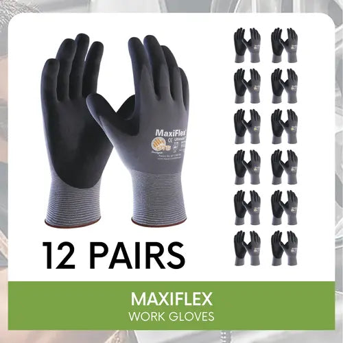 12 Pairs | Maxiflex ATG 34-874 Ultimate - Nylon, Micro-Foam Nitrile Grip Gloves - Black/Gray - Foam Nitrile Palm Coated Gloves Maxi Flex Ultimate 34874 Foam Nitrile Palm Coated Gloves, Gray, Size (M, L, XL), MaxiFlex Gloves