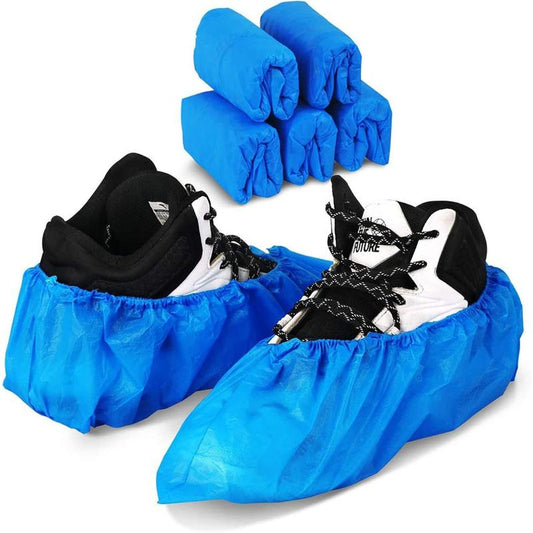 100 packs of 50count of disposable shoe and boot covers are waterproof, dustproof, suitable size, non-slip, blue, protect your shoes, floors, carpets