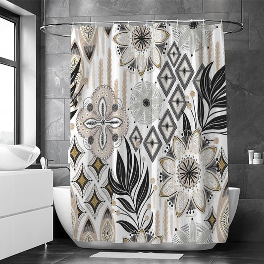 Bohemian Floral Leaf Pattern Shower Curtain, 1 Count Abstract Vintage Waterproof Shower Curtain with 12pcs Hooks, Bathroom Art Decoration for Home Balcony Salon Hotel Dorimtory