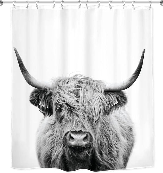 Highland Cow Rustic Shower Curtain Bull Portrait with 12 Hooks 60Wx72L