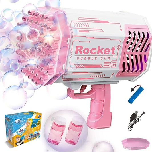 Rocket Bubble Machine Toy | Bubble Machine Blower Machine for Kids & Adults | Giant Bubble Maker with Lights | Ideal for Indoor & Outdoor Play | 69 Holes & Charging Cable