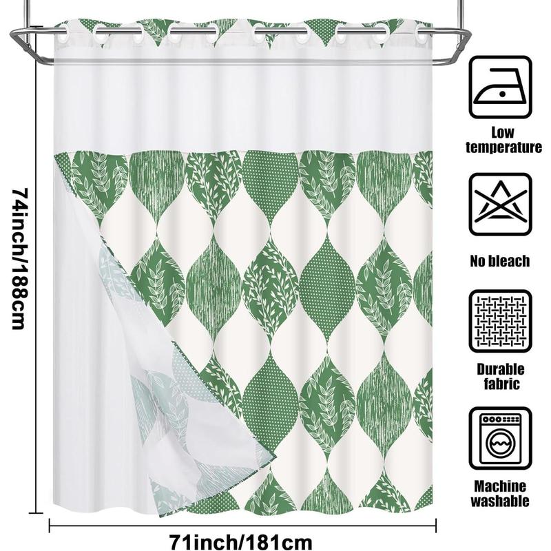 Machine Washable Hookless Shower Curtain | Green Botanical Elegance | Modern No-Hook Design with Built-In Liner for Easy Home Bathroom Decor