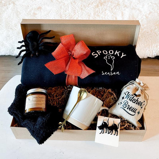 Halloween Gift Box Spooky Season Sweatshirt Fall Gift Box Girlfriend Spooky Basket Women Halloween Sweater Autumn Sweatshirt Gift for Her Black Cat Earrings Halloween Accessories Cozy Mug Witchs Brew Halloween Clothes Fall Clothes Pumpkin Picking Spooky