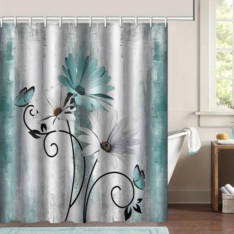 Rustic Farmhouse Bathroom Decor Set, 1 Count Shower Curtain with Hooks & 3 Counts Bath Mat Set, Floral Pattern Bathroom Accessories, Bathroom Supplies