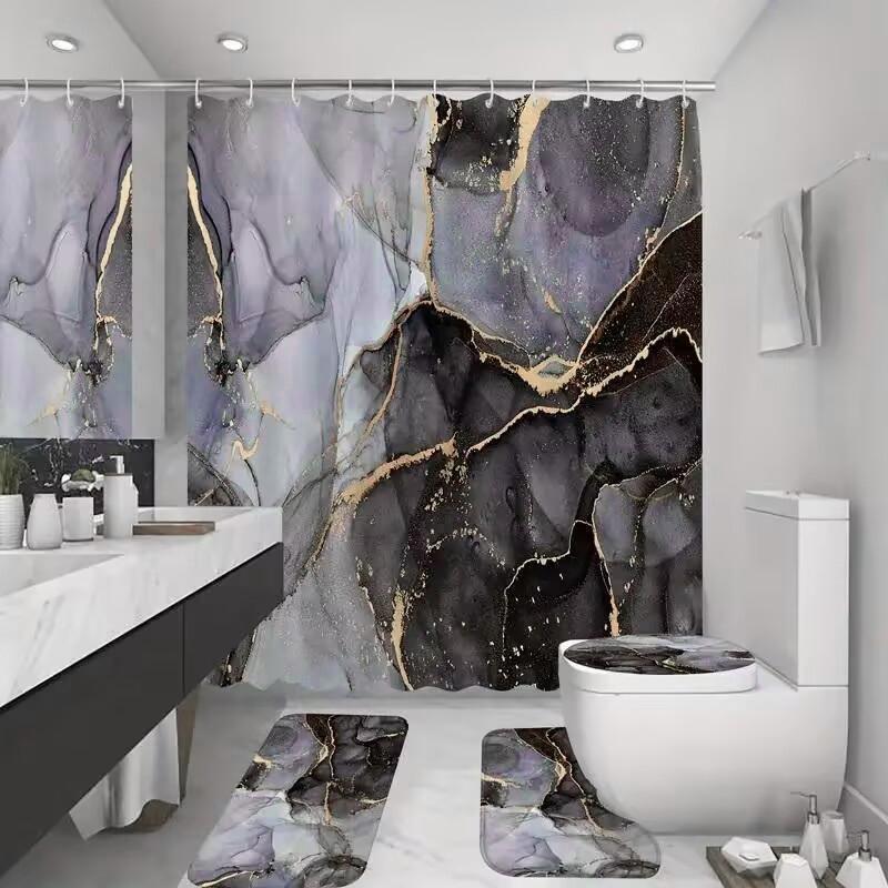 Marble Pattern Shower Curtain Set, 4 Counts/set Waterproof Bath Curtain U-shaped Mat and Toilet Cover Mat Set, Bathroom Accessories, Bathroom Furniture, Bathroom Decor, Halloween Decor, Fall Decor