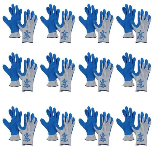 12 Pairs - SHOWA ATLAS 300 Natural Latex Palm Coated General Purpose Work Glove - Blue, Size Medium and Large - Pack of 12 Pairs