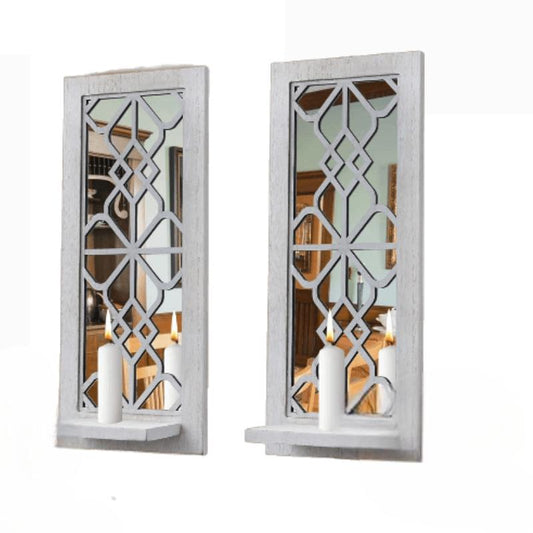 Wood Wall Sconce Candle Holder Set 2, Farmhouse Rustic Wall-Mount Hanging Wall D¨¦cor, Carved Wood Frame, Mirrored Candle Holder (Distressed White)