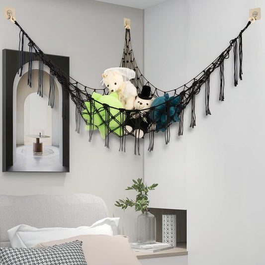 55 inch Toy Hammock Macrame Stuff Animal Storage Corner Hanging Net Holder,Mesh Hammock Plush Toy Organizer with Hooks for Bedroom