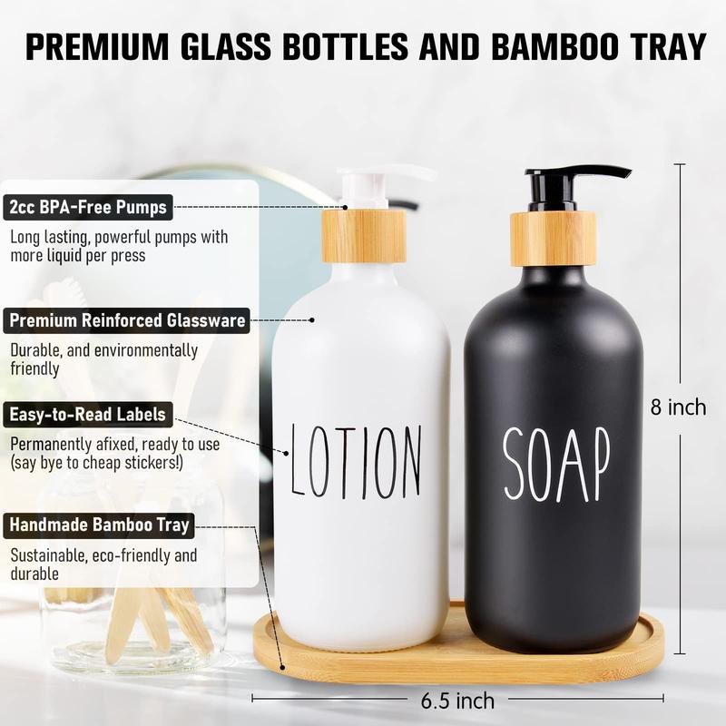 ChezMax Hand Soap & Lotion Dispensers with Premium Bamboo Pump and Tray, 2 Pack Rust Proof Thick Glass Pint Jar for Kitchen Bathroom, 16 Oz Refillable Liquid Bottles Set, Boston Design, Black & White