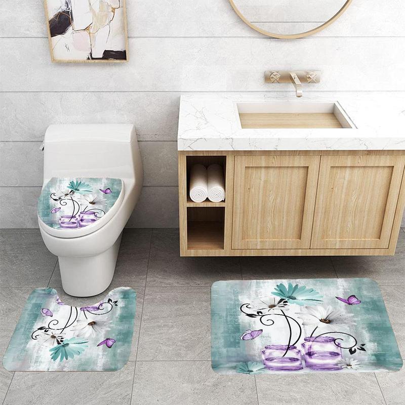 Butterfly & Flower Pattern Bathroom Shower Set, 4 Counts/set U-shaped Contour Toilet Mat Set, Bathroom Rug, Summer Gift Ideas, Summer Essentials