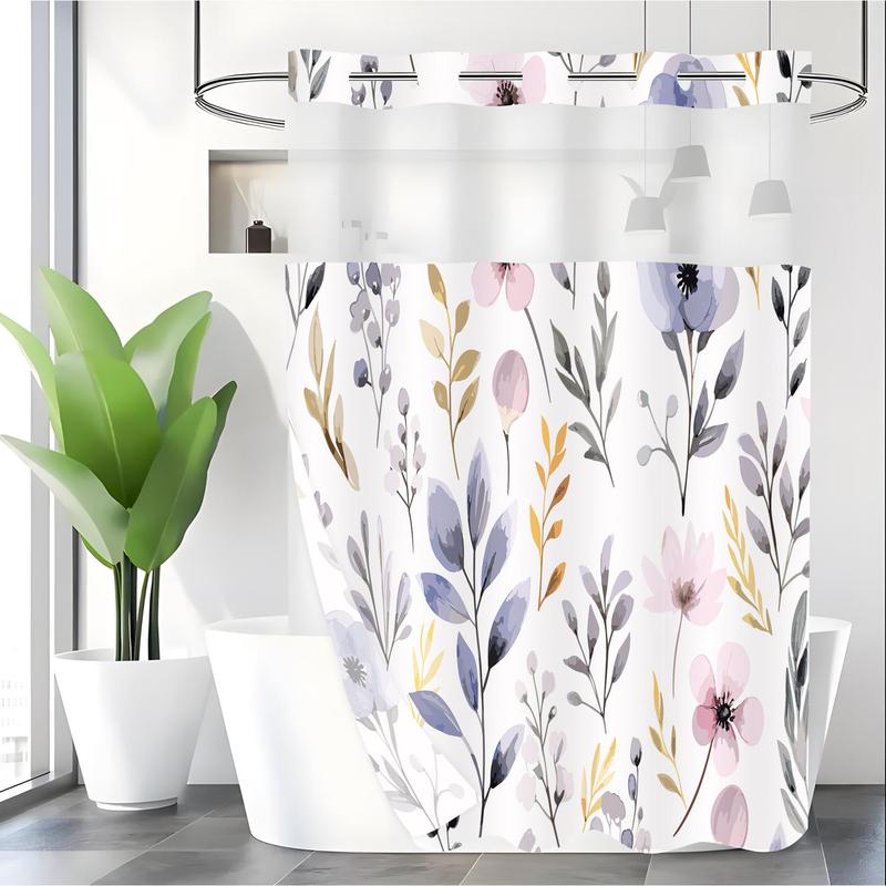 Floral Print Shower Curtain, Flower Pattern Waterproof Shower Curtain with Hooks, Summer Farmhouse Bathroom Accessories, Bathroom Supplies for Home Use