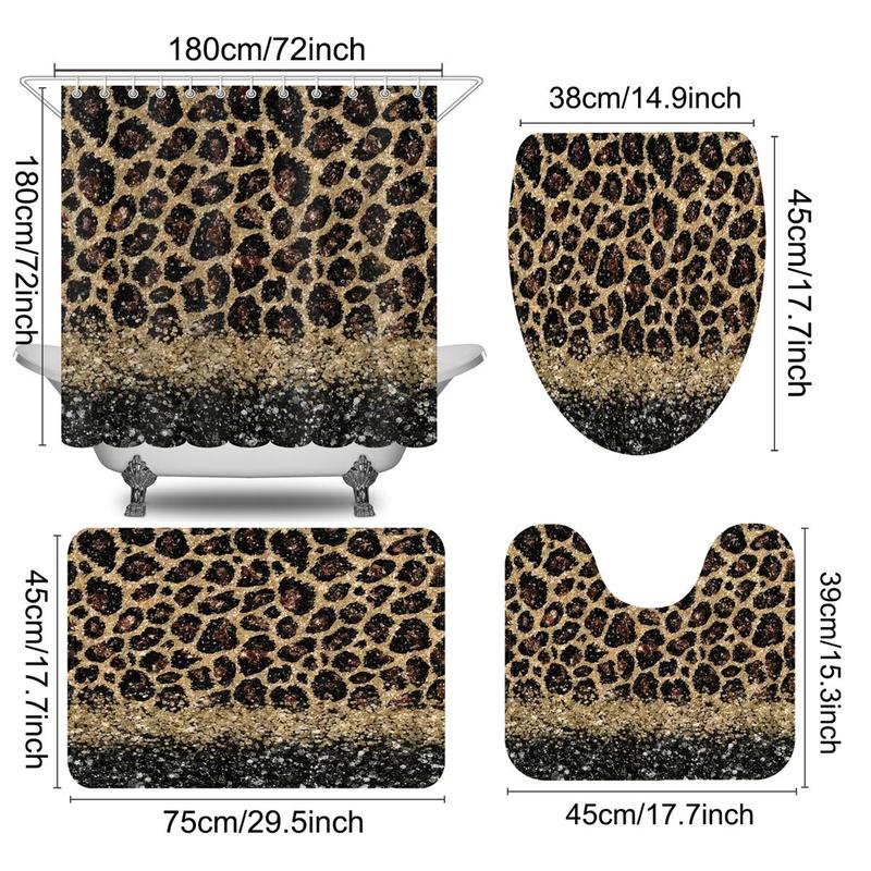 Leopard Print Bathroom Decor, 4pcs/set Innovative Non-slip Waterproof Shower Curtain & Toilet Lid Cover Pad & Thickened Toilet U-shape Mat & Toilet Lid Pad, Bathroom Accessories for Home Hotel Salon