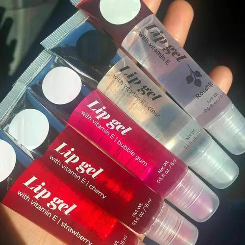 NEW VARIETY SET OF 5 NK Hydrating Lip Gel - Vitamin E (Clear, Rosehip Oil, Bubble Gum, Cherry, Strawberry) Skincare Comfort