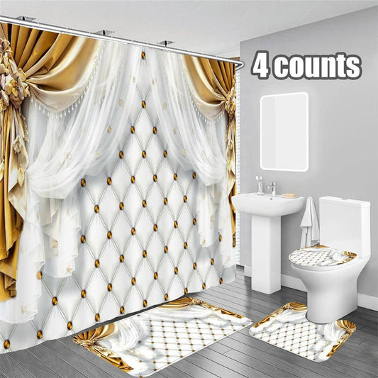 Luxury Bathroom Accessories (4 Counts/set), Waterproof Shower Curtain with Hooks & Toilet U-shaped Mat & Bath Mat & Toilet Lid Cover, Bathroom Decor Supplies