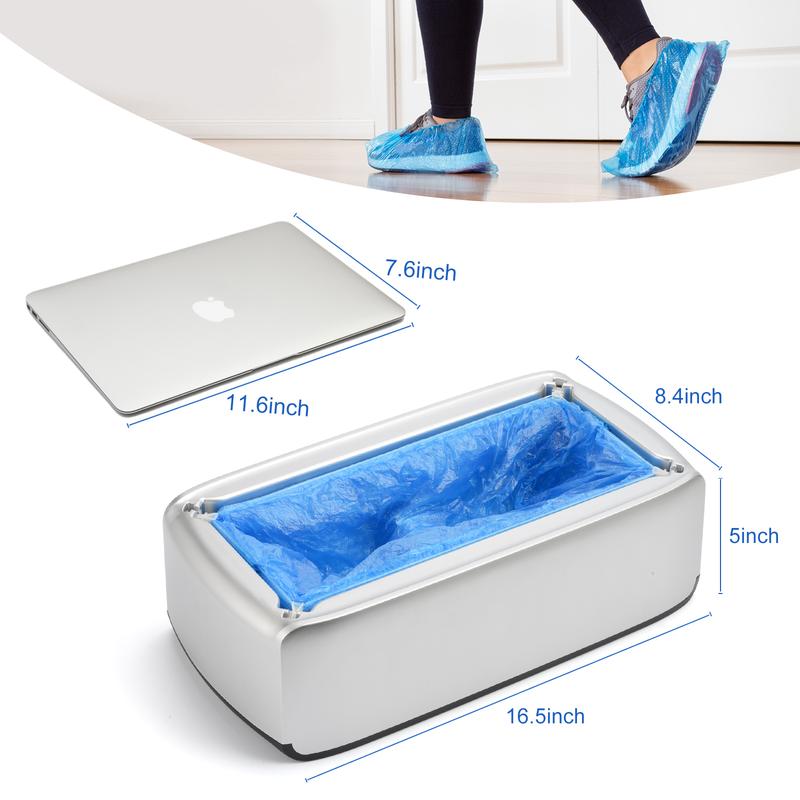 Shoe Cover Dispenser with 200pcs Disposable Shoe Covers, Automatic Shoe Cover Machine Fits shoes up to Men's size 12, Suitable for Home, Factory, Hospital (Silver)