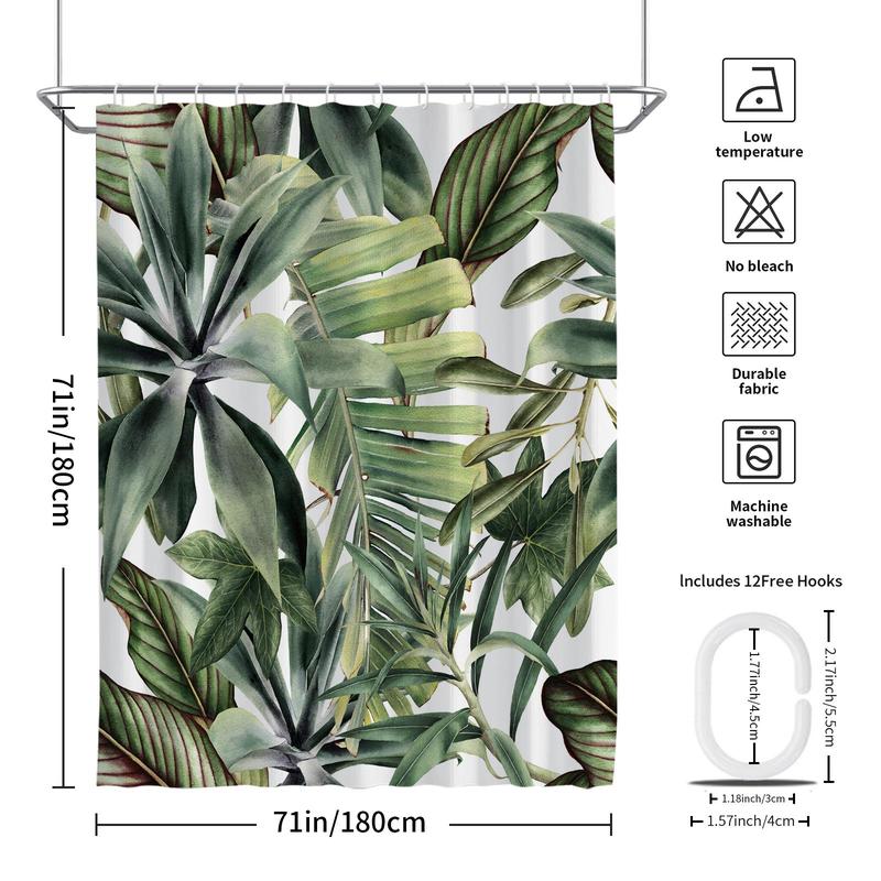 Tropical Leaf Pattern Shower Curtain, Casual Waterproof Shower Curtain with Hooks, Bathroom Accessories, Home Decoration