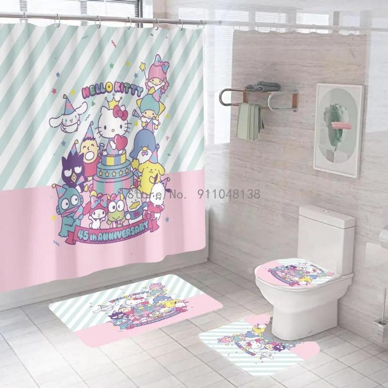 Anime My Melody Hello Kitty Bathroom Non-slip Mat Durable Waterproof Shower Curtain Set Pedestal Rug Lid Toilet Cover Bath Mat