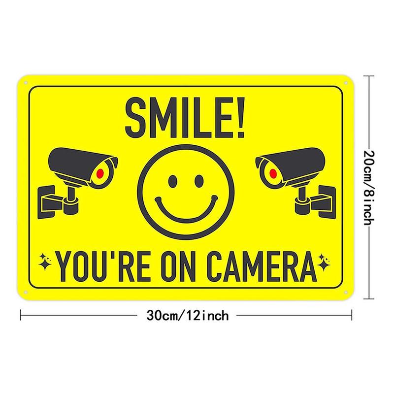 Smile You're on Camera Warning Sign, 2pcs/set Creative Video Surveillance Metal Tin Sign, Security Warning Sign for Outdoor Yard