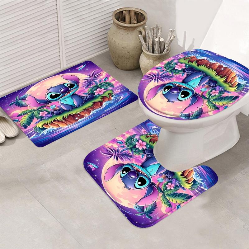 Stitch Pattern Bathroom Decorations, 1 Count/4 Counts Bath Curtain, U-shaped Commode Contour Rug, Bath Mat, Toilet Lid Cover, Bathroom Supplies