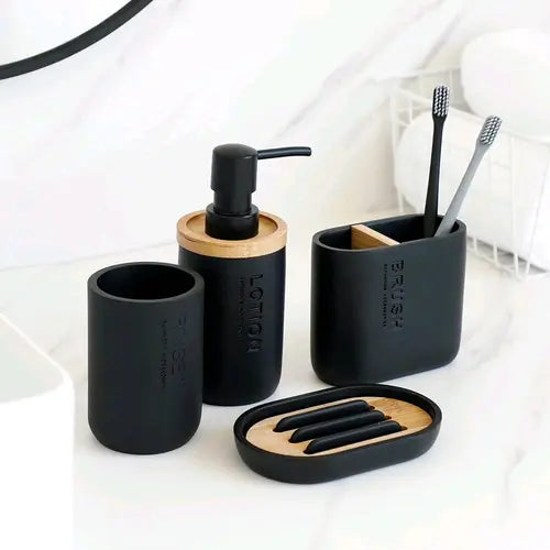 Elegant Resin Bathroom Accessory Set in Black or White - Soap Dispenser, Toothbrush Holder, Soap Dish, and Tumbler Nature