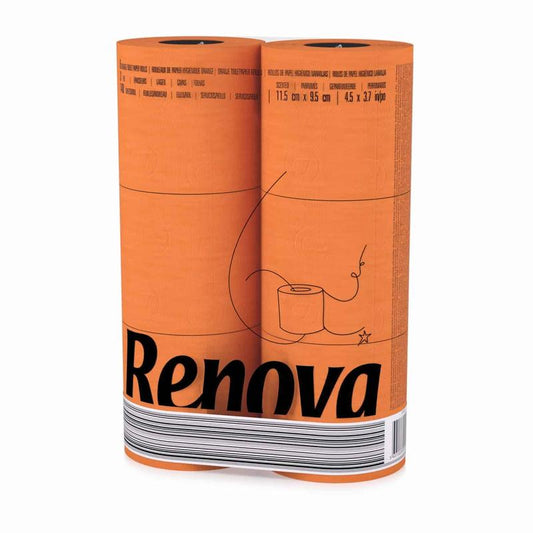 Renova Orange Toilet Paper 3-Ply -Ideal for Decorating Your Home or Office - Pack of 6 Compact Rolls- 140 Sheets - Eco-label Certified - Dermatologically Tested - Septic Safe - Sustainable & Soft.