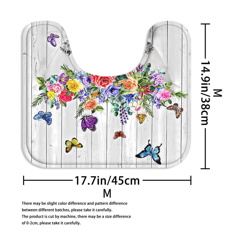 Butterfly & Floral Pattern Bathroom Set, Including Bathroom Curtain & Toilet Mat & Toilet Cover & Bath Mat, Bathroom Decor Supplies