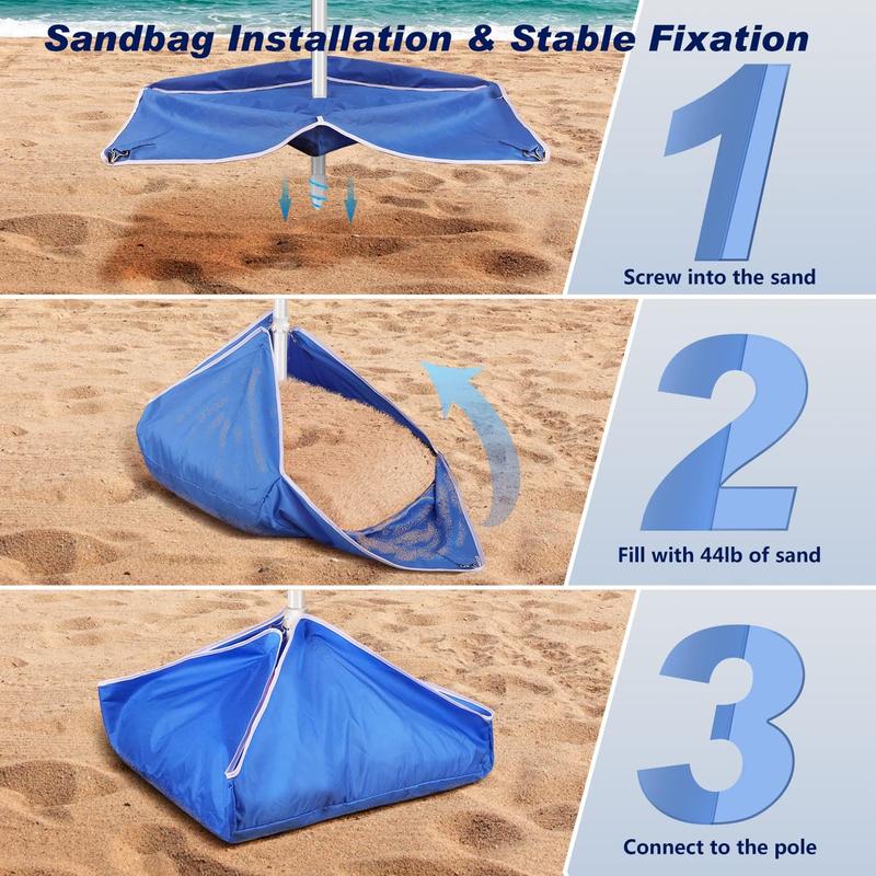 8FT Large Beach Umbrella Level 7 Wind Resistance Design, Sand Anchor, Sand Bag, Portable Outdoor Umbrella with Protection, Tilt Sun Shelter, Windproof Umbrella for Beach, Patio, Yard