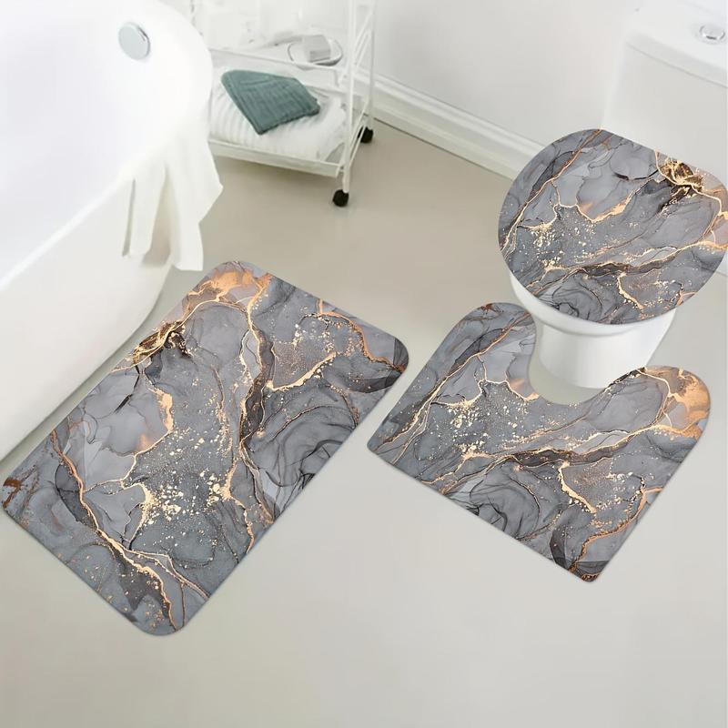 Marble Pattern Bathroom Set, 4 Counts/set Including 1 Decorative Bath Curtain & 1 Toilet Lid Mat & 1 U-shaped Mat & 1 Bath Mat, Bathroom Gadgets 2024, Bathroom Decor Set