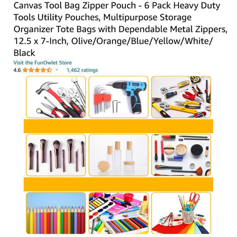 Canvas Tool Bag Zipper Pouch - 6 Pack Heavy Duty Tools Utility Pouches, Multipurpose Storage Organizer Tote Bags with Dependable Metal Zippers, 12.5 x 7-Inch, Olive/Orange/Blue/Yellow/White/Black