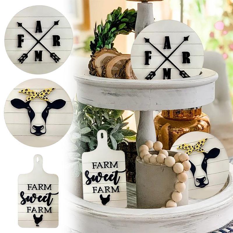 3pcs Wooden Sign, Letter & Cow Pattern Ornament, Tiered Tray Decorations