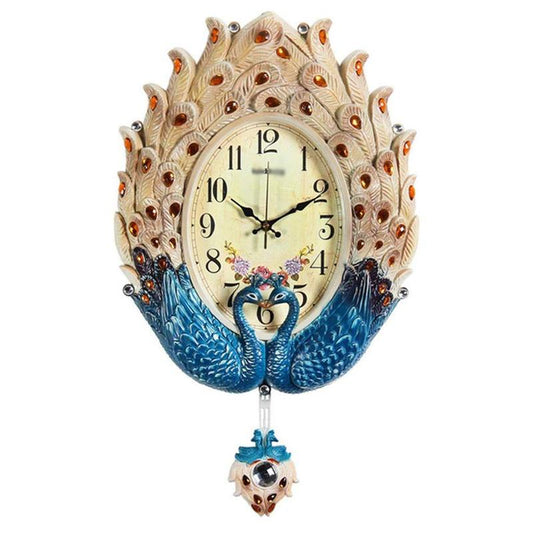 Large Peacock Metal Wall Clock with Luxury Crystal For Dining Room Hallway Decor Beige