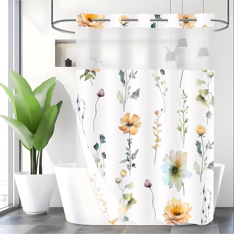 Floral Print Shower Curtain, Flower Pattern Waterproof Shower Curtain with Hooks, Summer Farmhouse Bathroom Accessories, Bathroom Supplies for Home Use