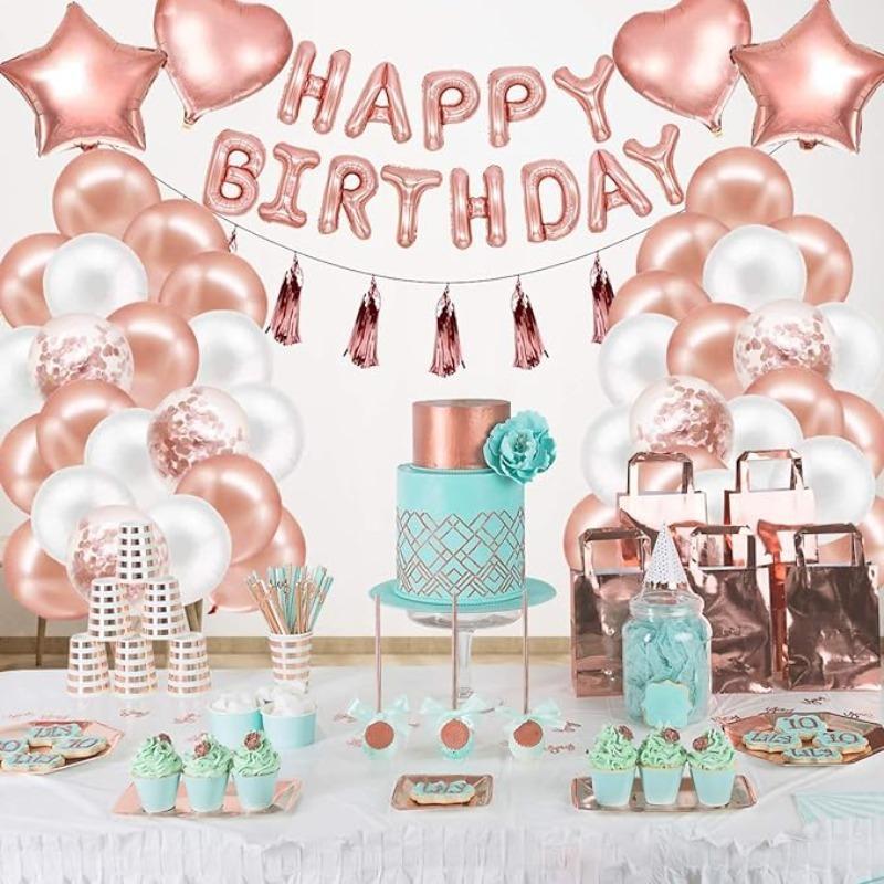 Party Balloon Set, 1 Set Rose Gold Balloon & Happy Birthday Balloon Banner, Confetti Balloon, Metallic Color Balloon, Birthday Party Decoration Supplies