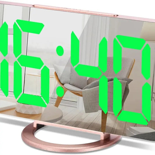 Slim Digital Alarm Clock, Daul USB Charger Ports, Dimming Mode, Large Display Mirror Surface for Makeup, LED Desk Clock for Bedroom, Living Room, Office, Home, Kids - Rose Gold/Green Decor Light