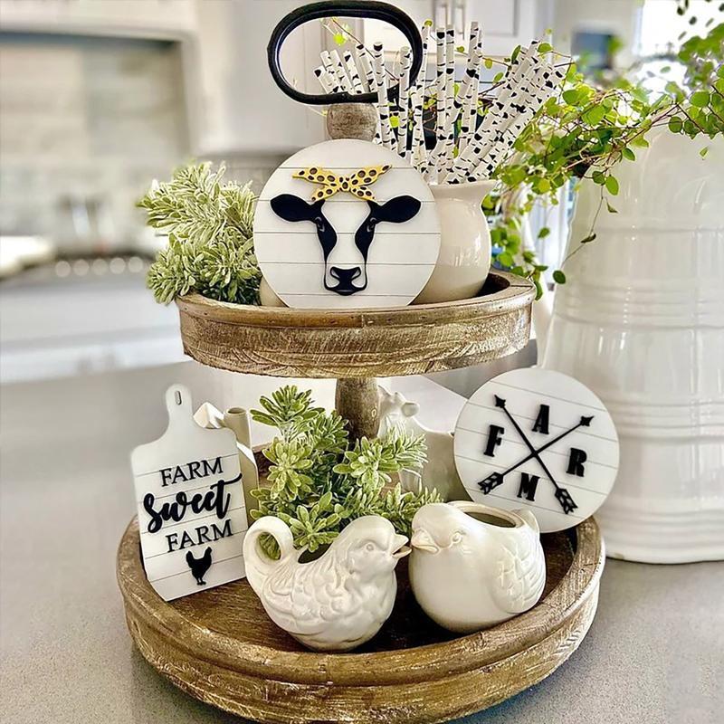 3pcs Wooden Sign, Letter & Cow Pattern Ornament, Tiered Tray Decorations