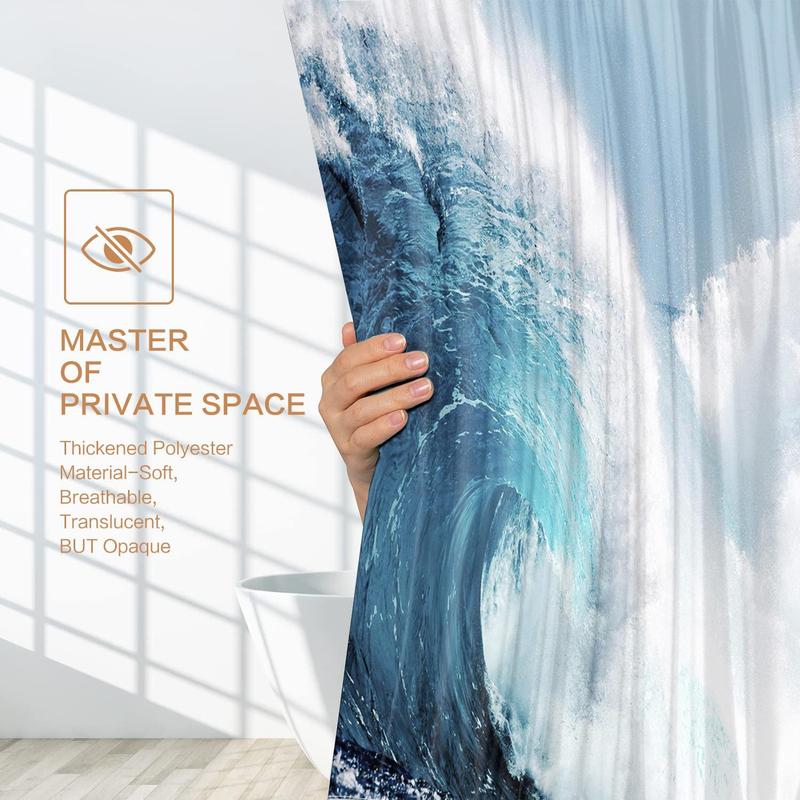 Sea Wave Print Shower Curtain, Waterproof Shower Curtain with 12 Hooks & 1 Tieback, Bathroom Accessories for Home, Home Essentials