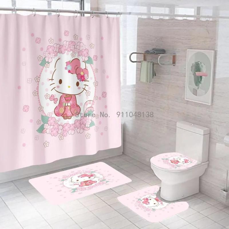 Anime My Melody Hello Kitty Bathroom Non-slip Mat Durable Waterproof Shower Curtain Set Pedestal Rug Lid Toilet Cover Bath Mat