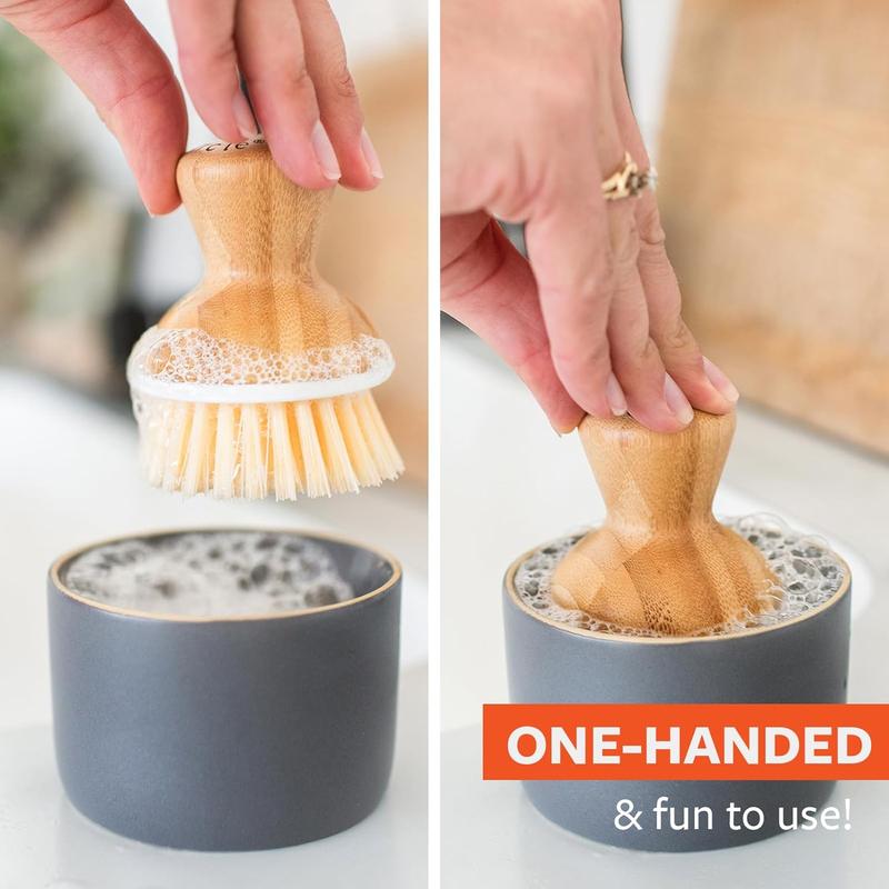 Bubble Up Ceramic Soap Dispenser & Bamboo Handle Dish Brush - Replaceable Kitchen Dish Scrubber with Soap Holder, White