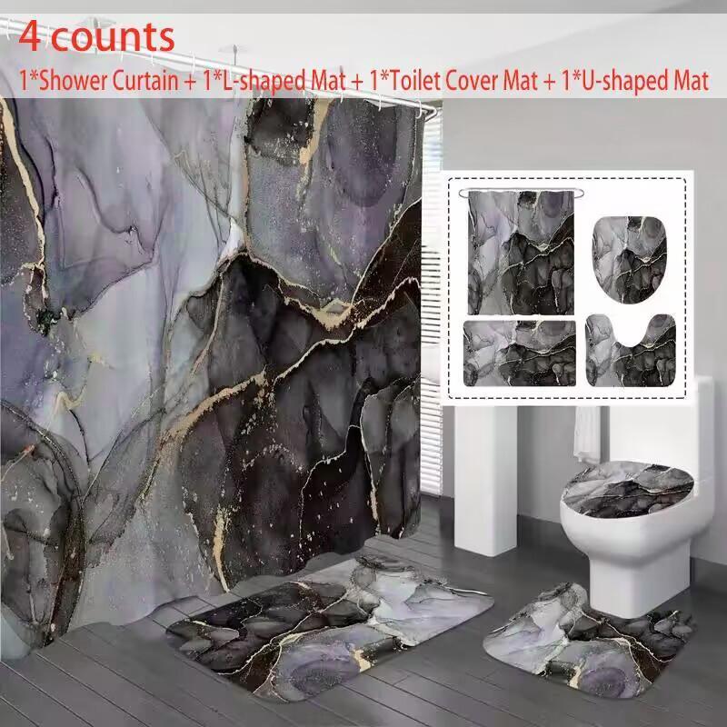 Marble Pattern Shower Curtain Set, 4 Counts/set Waterproof Bath Curtain U-shaped Mat and Toilet Cover Mat Set, Bathroom Accessories, Bathroom Furniture, Bathroom Decor, Halloween Decor, Fall Decor