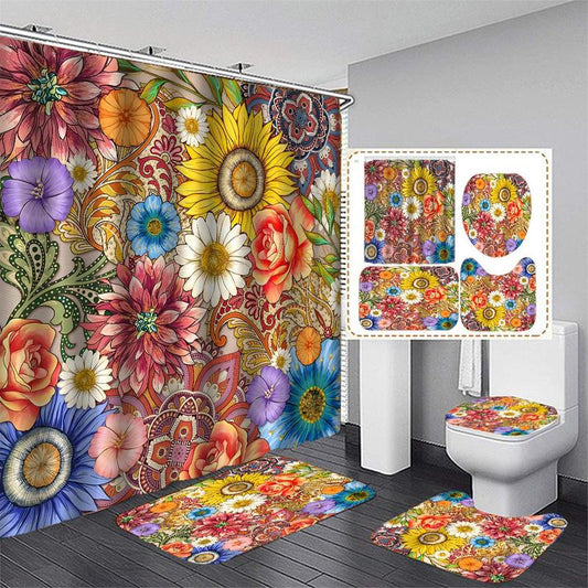 Boho Bathroom Decoration Set, 4pcs/set Flower Pattern Shower Curtain & Toilet Mat & Bath Mat Set, Bathroom Accessories for Home Decor