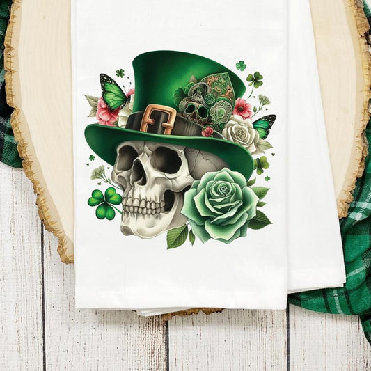 St Patrick's Day Tea Towel, Skull Skeleton, Housewarming Gift Holiday, Custom Cotton Tea Towel Napkins, Kitchen Decor Counter, Shamrock Irish Tea Towel, Decorative Towels, Colorful Dish Cloths, Printed Festive Napkins, Irish Pride