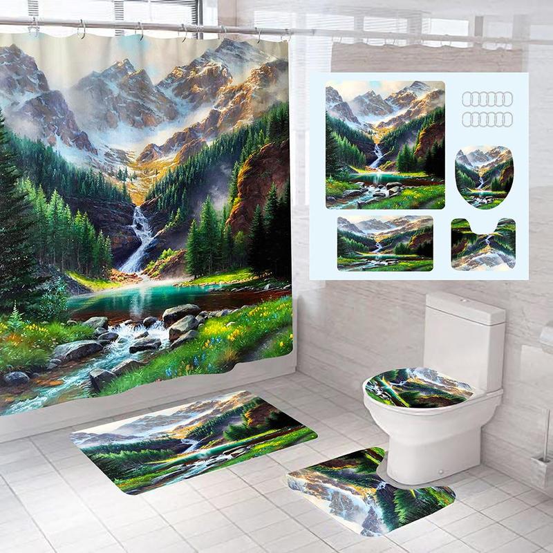 Mountain Landscape Pattern Bathroom Decoration Set, 4pcs/set Simple Waterproof Shower Curtain & Rug & Toilet Lid Cover & Mat, Including 12pcs Hooks, Bathroom Decoration Supplies, Bathroom Supplies