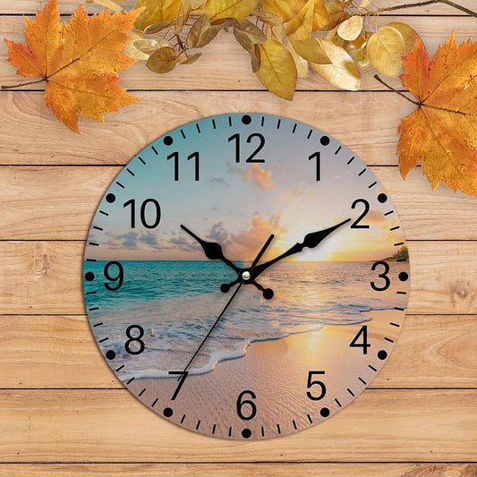 Beach Sunset Pattern Round Wall Clock, 1 Count Beach Landscape Pattern Acrylic Hanging Clock for Home Decor