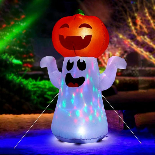 Halloween Inflatable Ghost Pumpkin Decoration, 1 Count Halloween Decor 5ft Inflatable Ghost Pumpkin with Built-in 360¡ã Rotating Colorful Led Light, House Decor