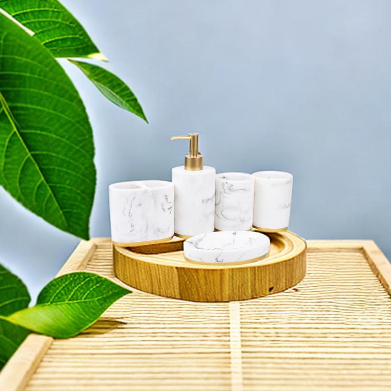 5pcs Marble Pattern Bathroom Set, Including 1 Soap Dispenser, 1 Toothbrush Holder, 1 Soap Bar Dish, 2 Mouthwash Cups, Bathroom Supplies for Home Hotel