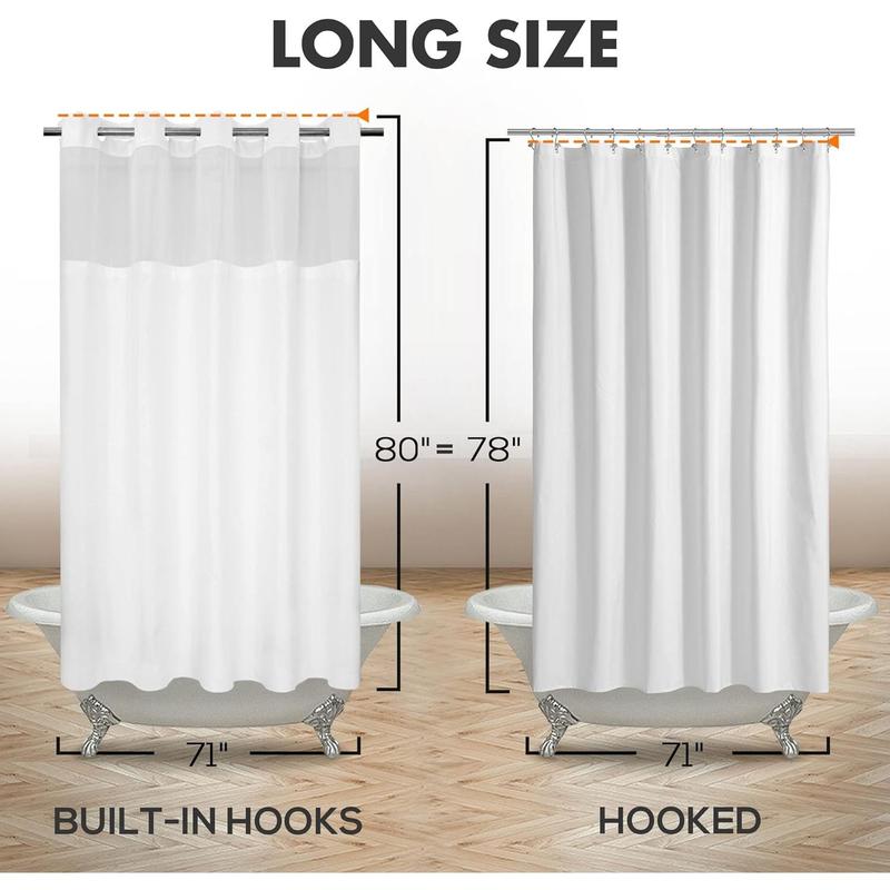 Long No Hook Slub Textured Shower Curtain with Snap-in Liner Set - 71" x 80"(78"), Hotel Style with See Through Top Window, Fabric Curtain & Waterproof Liner, White, 71x80