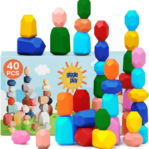 Set of 40 Wooden Stacking Stones for 3+ Year Old - Montessori Toys by Giggle & Play