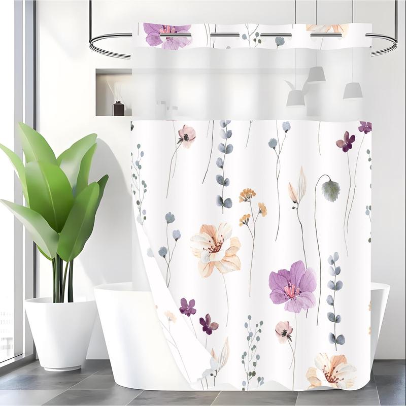 Floral Print Shower Curtain, Flower Pattern Waterproof Shower Curtain with Hooks, Summer Farmhouse Bathroom Accessories, Bathroom Supplies for Home Use