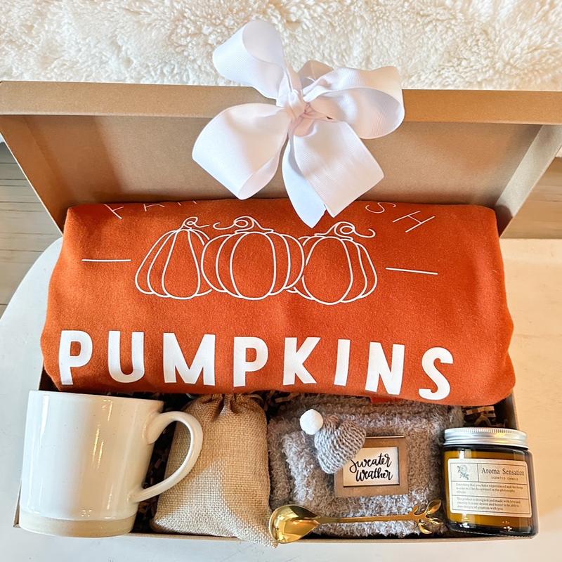 Fall Gift Box Pumpkin Sweatshirt Orange Fall Sweatshirt Gift for Her Fall Gift Basket Halloween Girlfriend Gift Cozy Mug Candle Gift Autumn Gift Box Sister Gift Mom Sweater Weather Sweatshirt Pumpkin Season Sweater Fall Lover Gift Women Gift Box Care